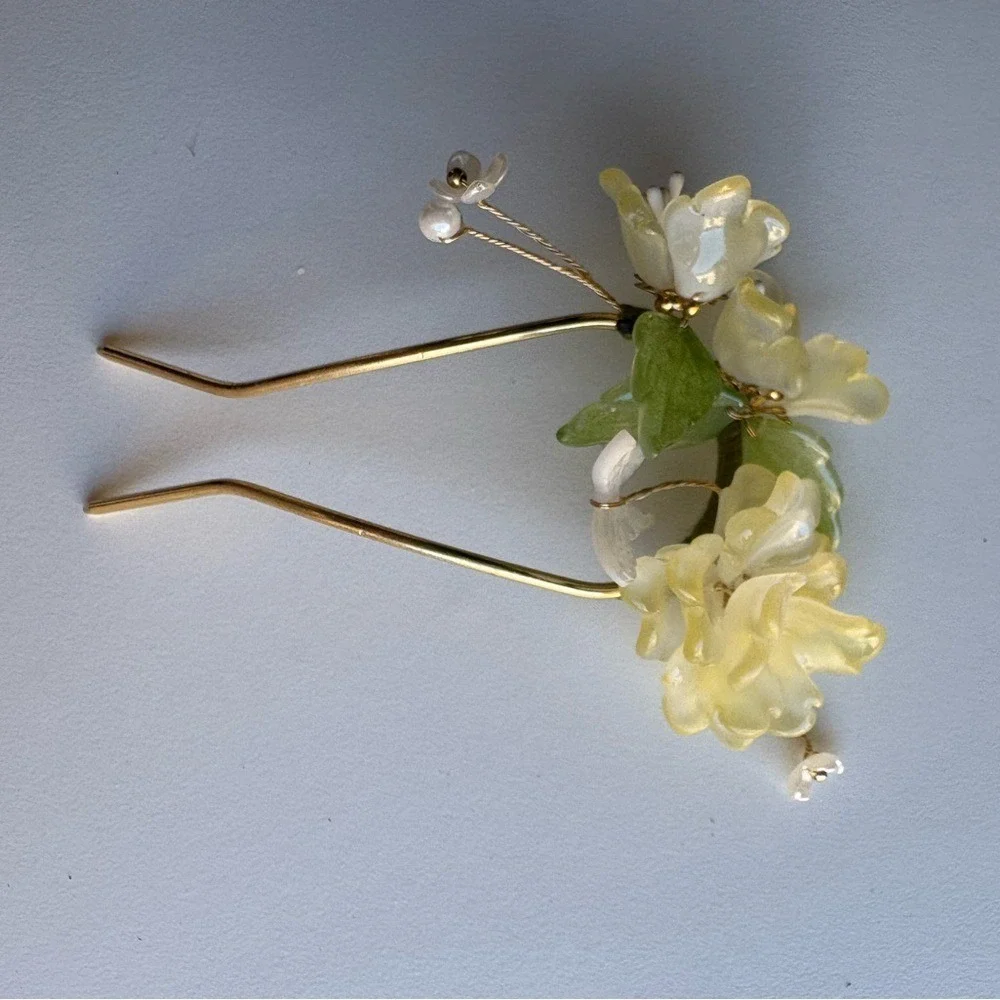 Elegant Glass Floral Bridal Hair‎ Fork – Yellow Blossom U-Shaped Kanzashi new
